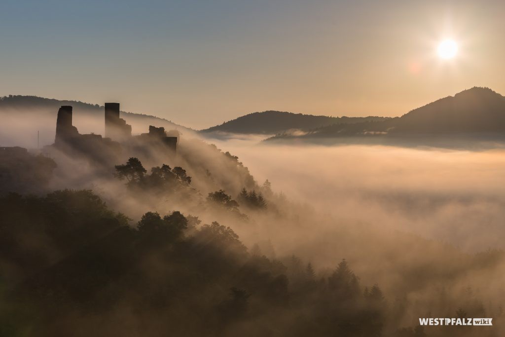 Blick auf die Burg Altdahn im Nebel.