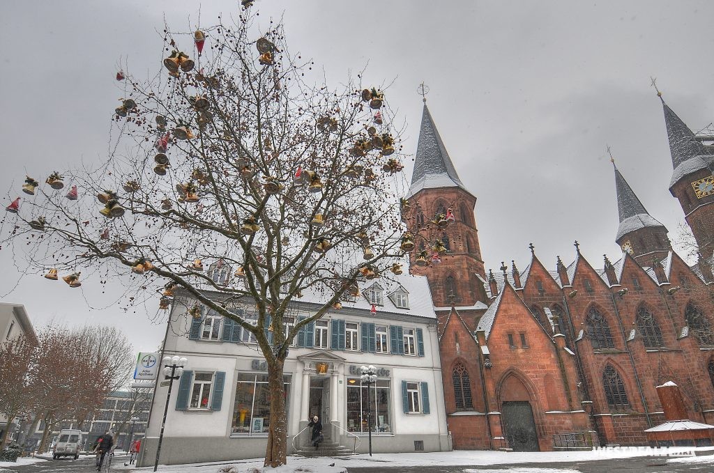 Nordwestansicht der Stiftskirche Kaiserslautern und der angrenzenden Adlerapotheke im Winter.