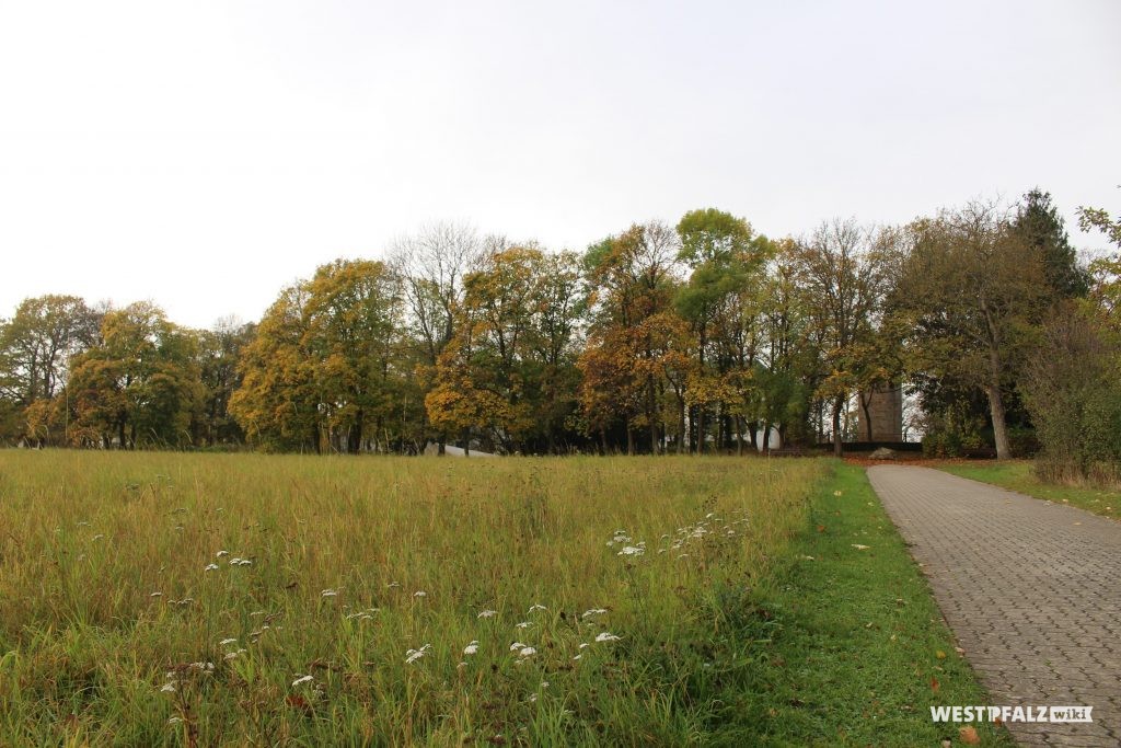 Parkanlage Schillerhain, Blick von Osten auf den hinter Bäumen gelegenen Wartturm im Schillerhain (2017)