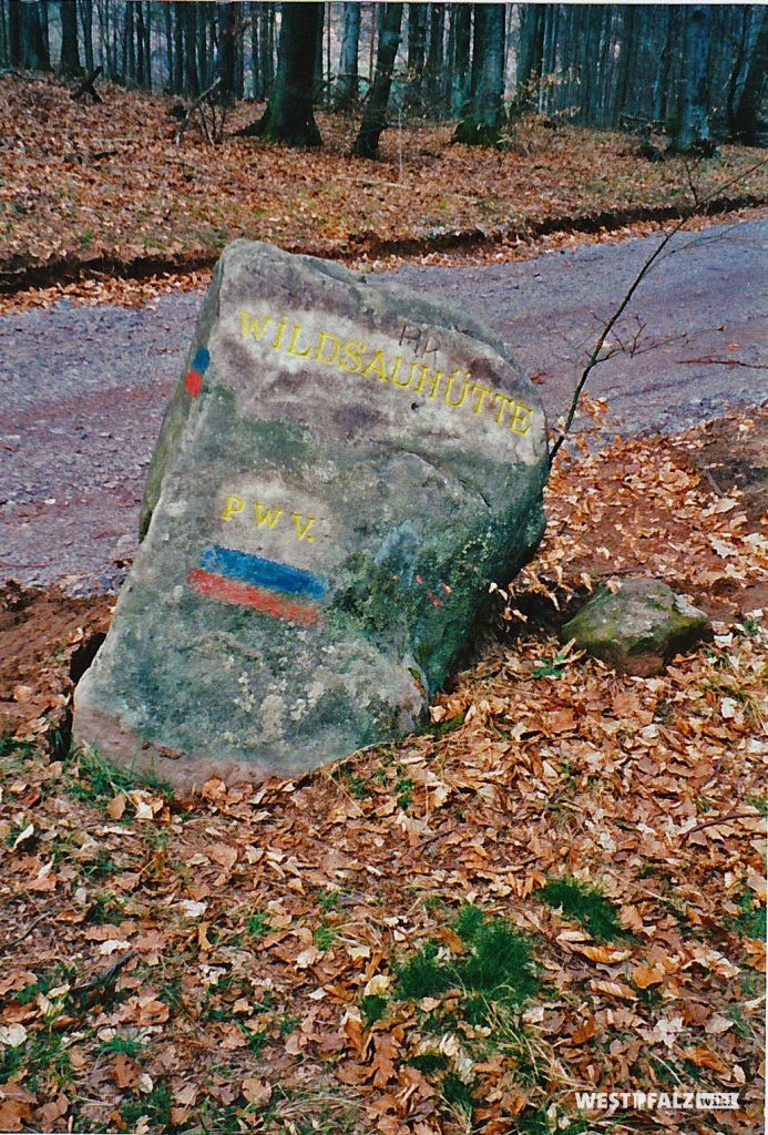Ritterstein Nr. 50 am Hanseck bei Wilgartswiesen mit der Inschrift "Wildsauhütte" und "PWV."