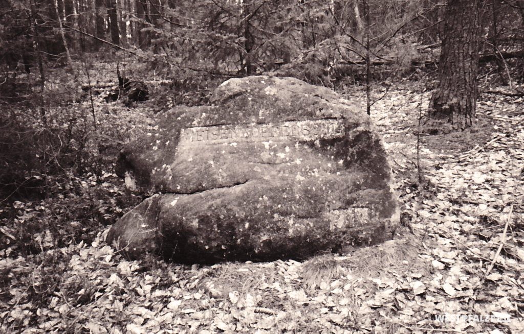 Auf dem Bild seht man den Ritterstein Nr. 158 bei Hochspeyer mit der Inschrift "Meisenkopfersohl" und "PWV." (Pfälzerwald-Verein).