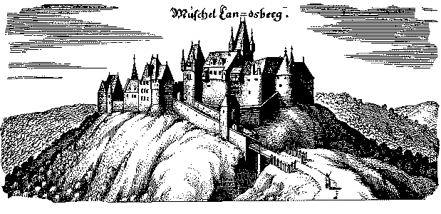 Kupferstich der Moschellandsburg von Merian um 1645