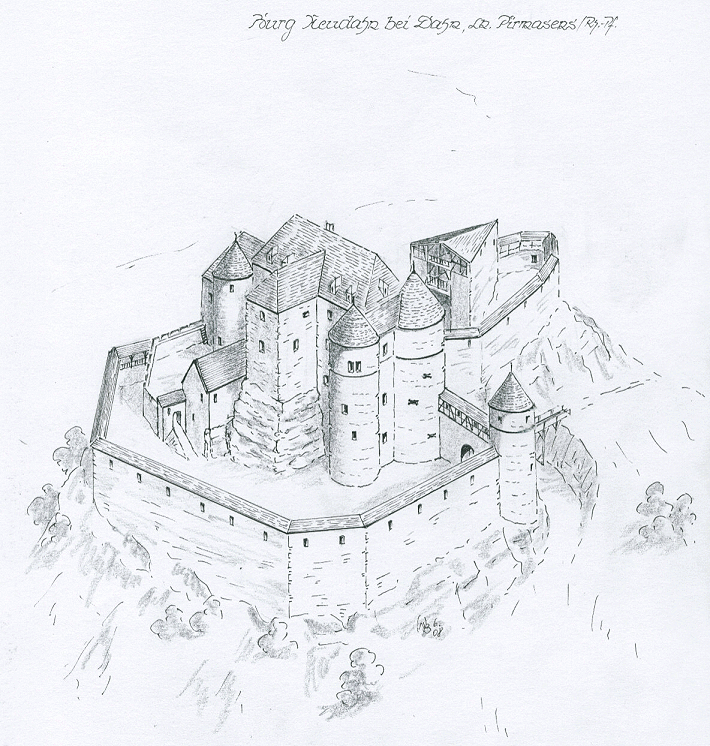 Rekonstruktionszeichnung der Burg Neu-Dahn von Wolfgang Braun