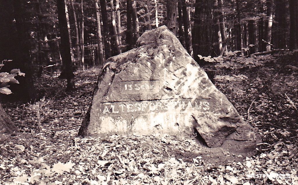 Ritterstein mit der Inschrift "Altes Forsthaus 15 Schr." und "PWV." bei Trippstadt