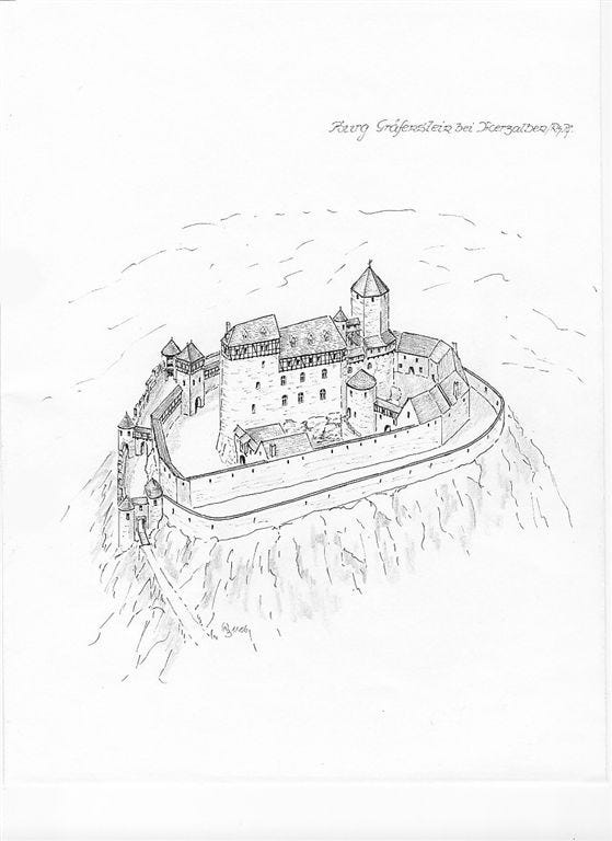 Rekonstruktionszeichnung der Burg Gräfenstein von Wolfgang Braun