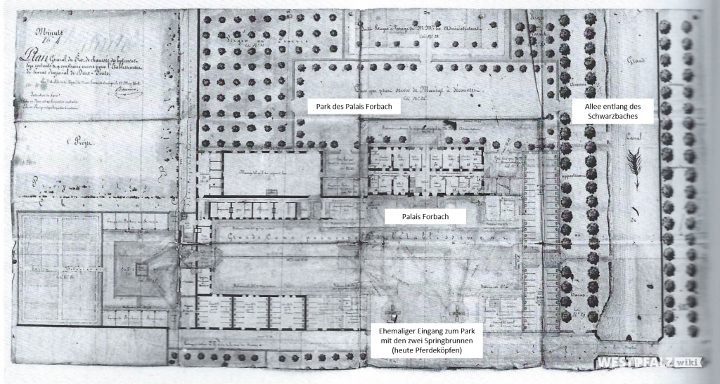 Grundrissplan (1808) der den Palais Forbach und den anschließenden Park zeigt. Auf dieser Fläche befindet sich heute das Landgestüt Zweibrücken.