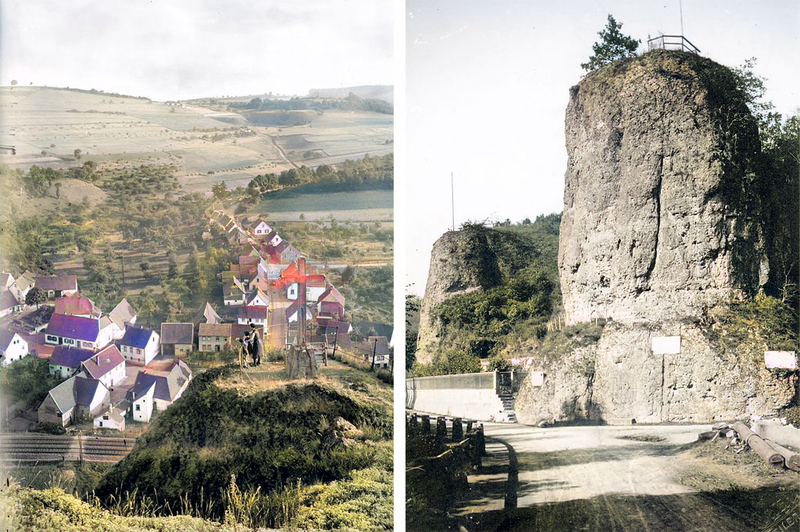 Links: Aussichtspunkt im Felsengarten. Rechts: Blick auf Engels- und Teufelsfelsen um 1930