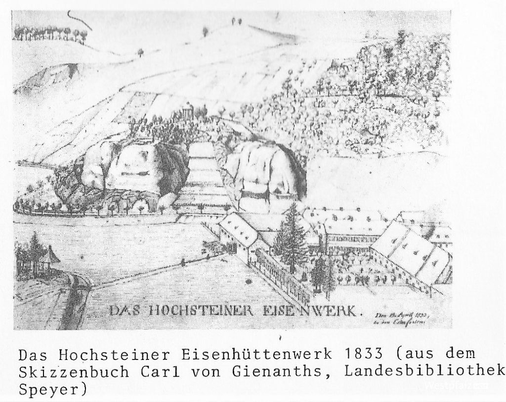 Zeichnung von Carl von Gienath 1833: Das Hochsteiner Eisenwerk mit Herrenhausgarten (rechts) und Wildpark (links)