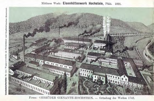 Eisenhüttenwerk Hochstein 1891 mit Herrenhausgarten im Vordergrund