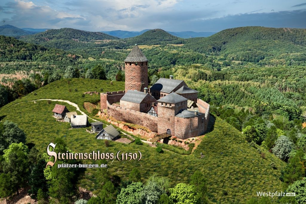 Rekonstruktion der Burg Steinenschloss von Peter wild, Vogelperspektive aus südwestlicher Richtung
